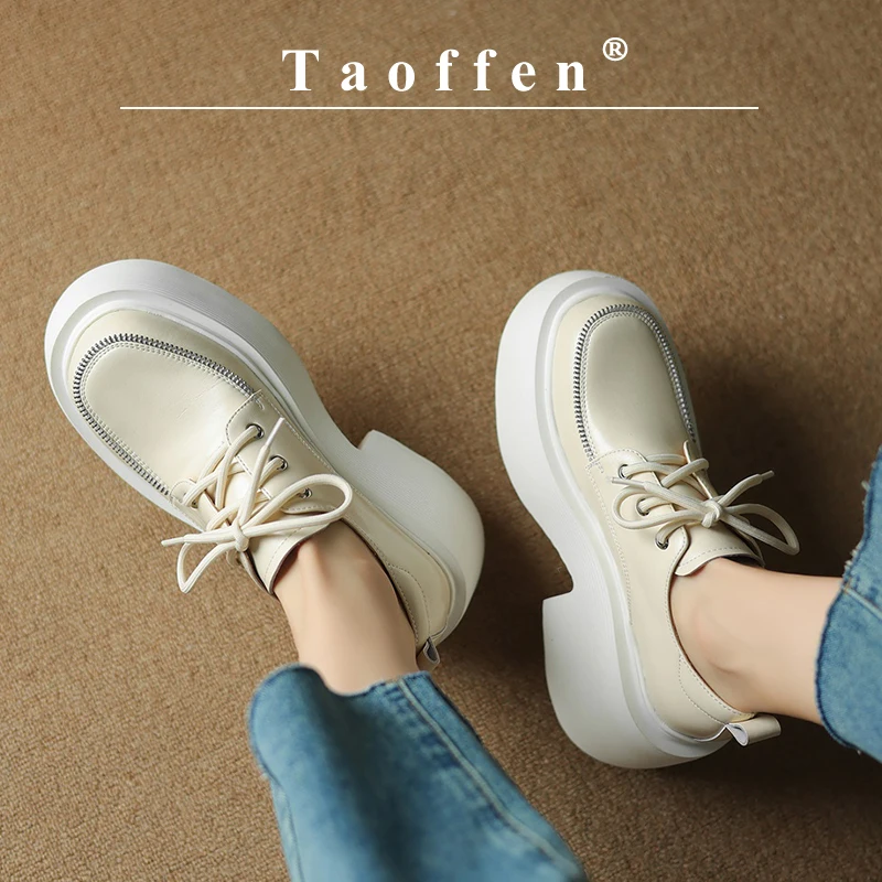 

Taoffen Casual Women's Loafers Genuine Leather Mixed Colors Square Heel Pumps Thick Sole Fashion Round Toe Lace-up Office Shoes