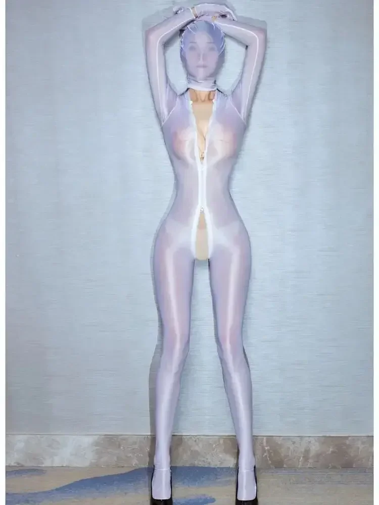 لامعة لامعة النايلون بوديستوكينج Catsuit سستة مفتوحة المنشعب ارتداءها الجوارب يوتار الملتصقة مثير ملابس داخلية شفافة بذلة