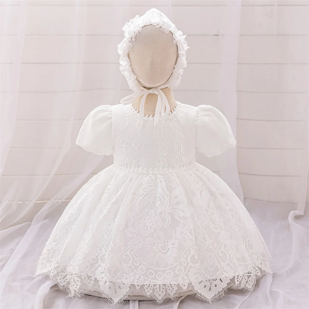 2pcs Infant Girls White Baptism Fluffy Dress Kids Lace Christening Party Dresses Princess Gown Toddler Summer Holiday Costumes