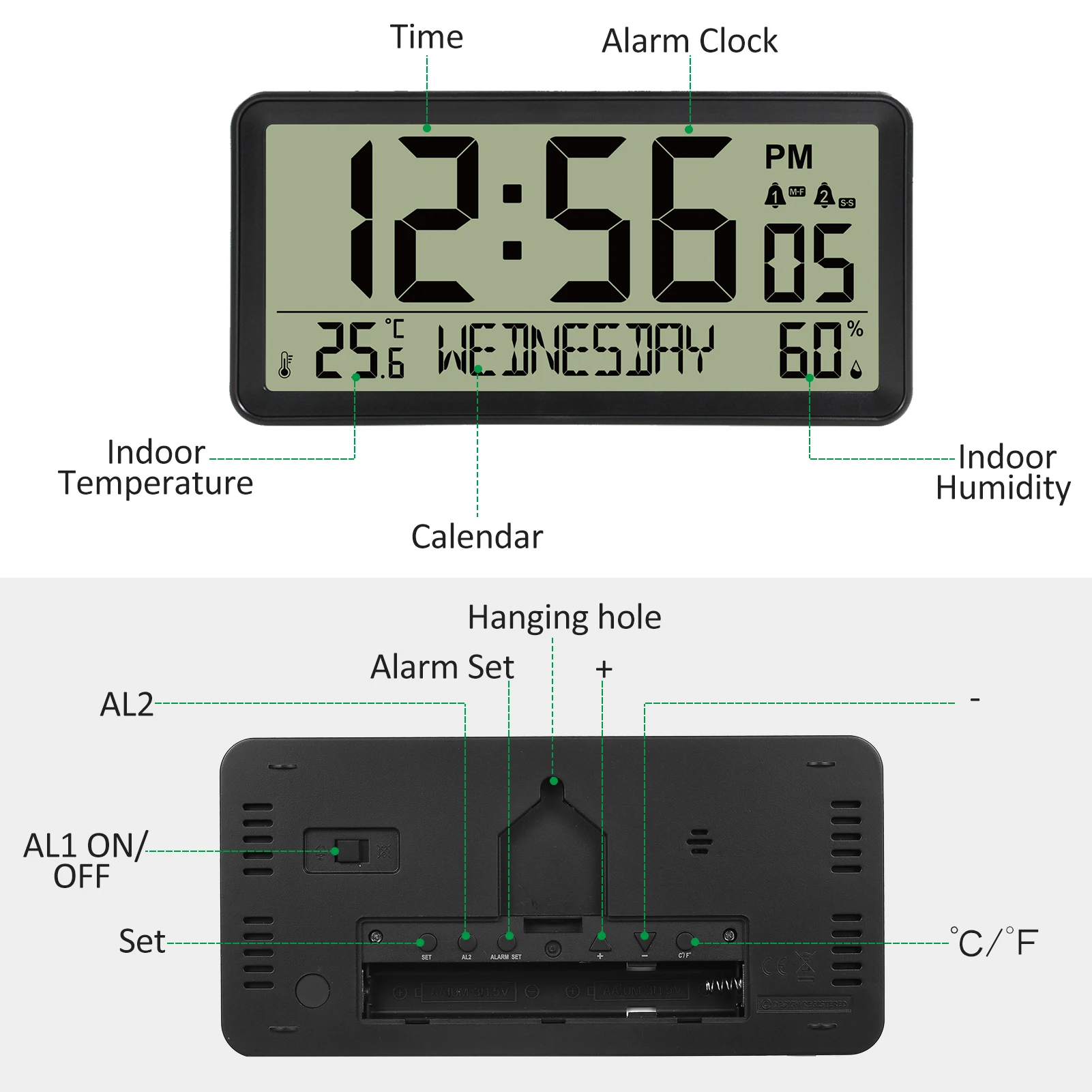 LCD Digital Alarm Clock Battery Operated Desk Electronic Small Clock Indoor Temperature Humdity Date Backlight Snooze Function