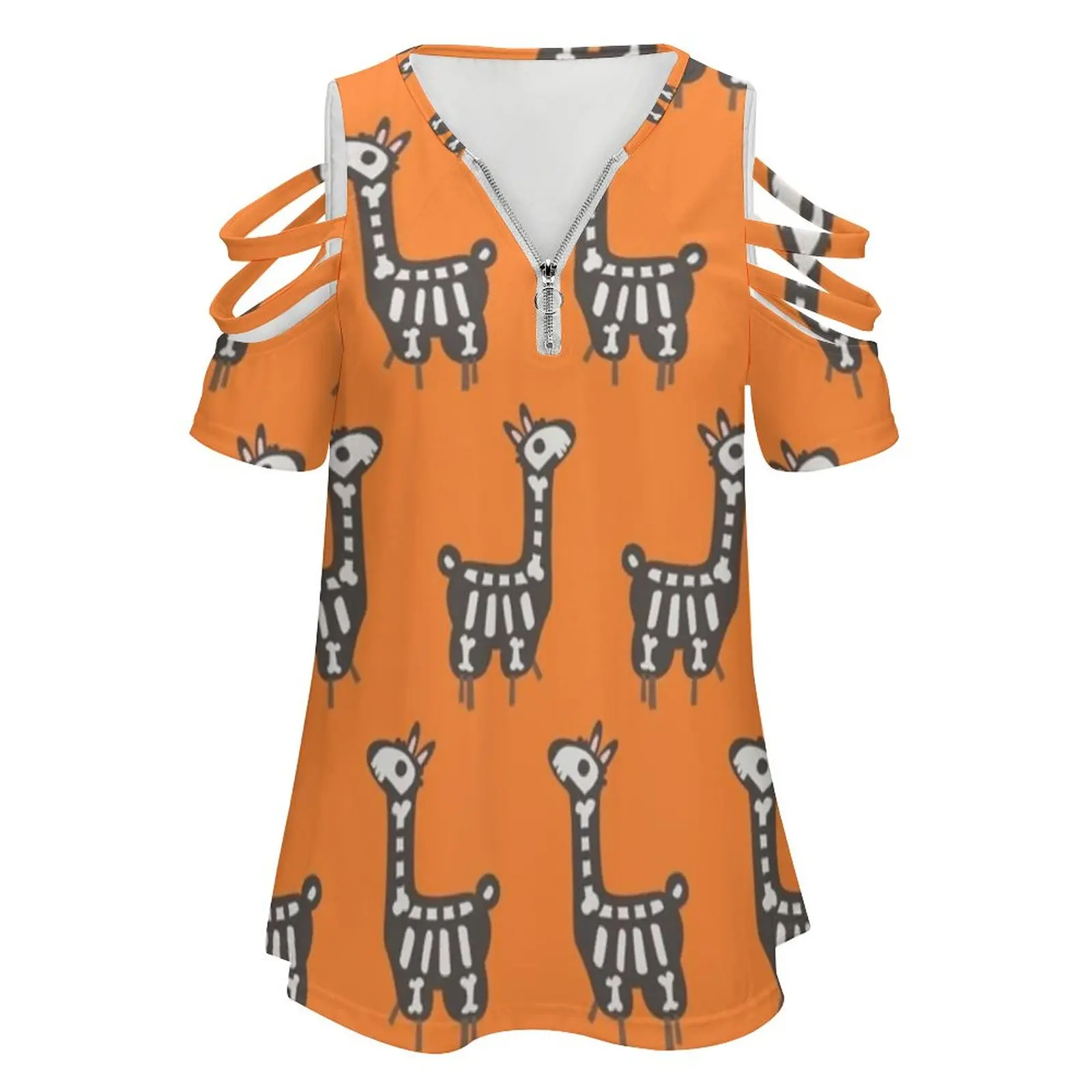 Halloween Llama Women's T-Shirt New Fashion Printed Zipper V-Neck Short Sleeve T Shirts Casual Plus Size Halloween Llama Alpaca
