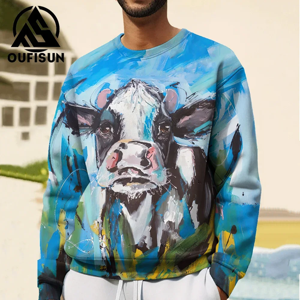 3D Oil Painting Animal Print Long Sleeve T-Shirt Men's Autumn Sweater Street Fashion Men's Clothing Oversized Round Neck Pullove