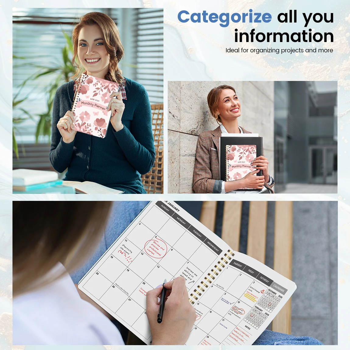 2026-2027 دفتر ملاحظات أسبوعي وشهري مقاس A5 - منظم من 2026 إلى ديسمبر 2027 مع التقويم والملاحظات واللوازم المدرسية والمكتبية