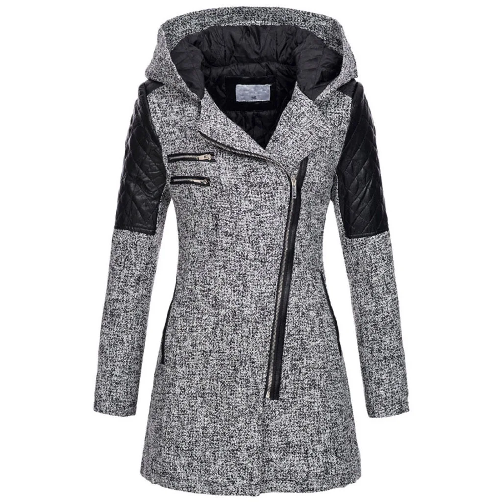 Popular European and American new oblique zipper hooded thickened warm women's woolen jacket medium and long women's trench coat