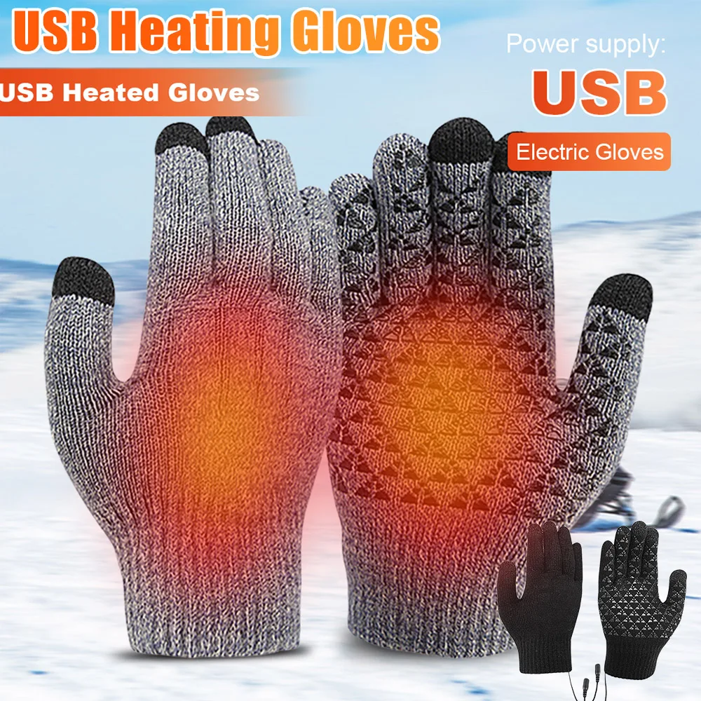 USB Electric Heated Gloves Winter Gloves Thermal Touch Screen Thermal Windproof Warm Knitted Glove Motorcycle Bicycle Gloves