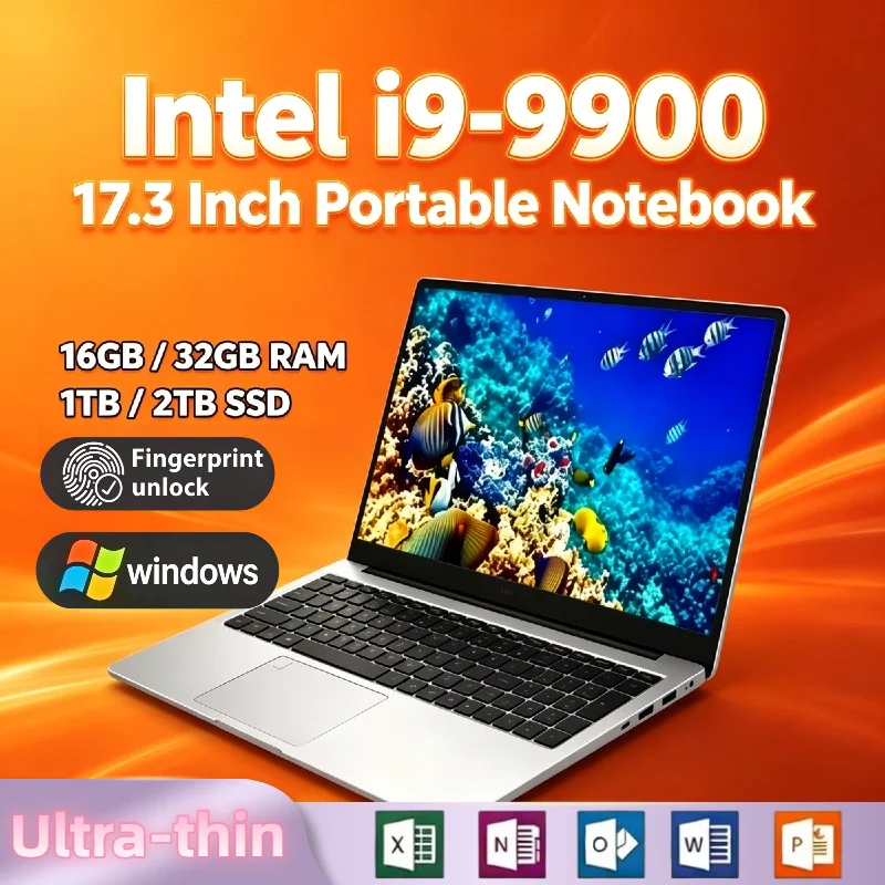 Intel Core i9 9900 17.3 Inch Laptop 32GB RAM 2TB NVMe SSD Fingerprint Unlock Full HD Gaming Work Notebook Pro Max
