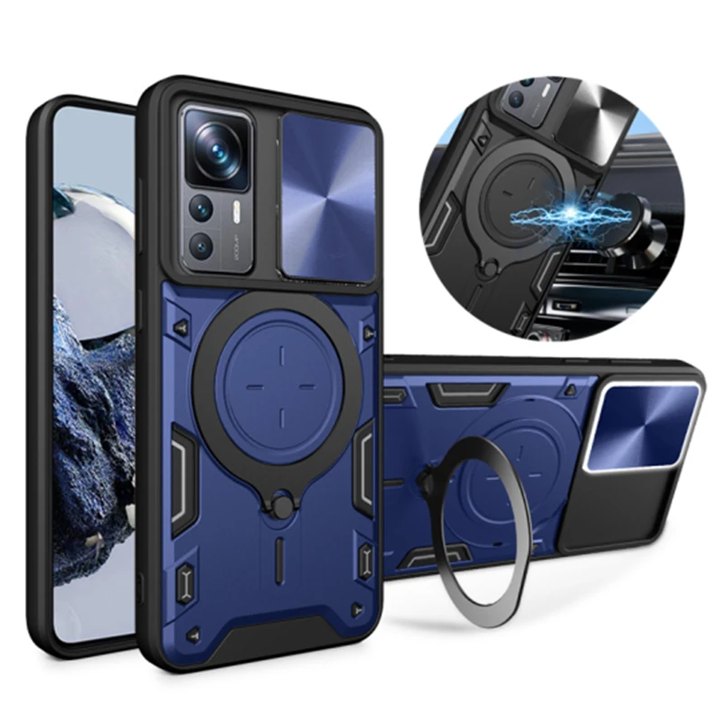 Armor Slide Camera Protect Case For Xiaomi 12T 11T Redmi 12C 10C 9C Poco F3 M4 M5S X4 X5 F5 Pro C40 Magnetic Holder Ring Cover