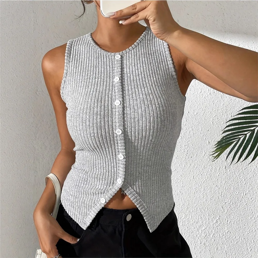 

Fashion Knitted Sleeveless Round-neck Women's Ultra-short Tops Summer New Slimming Female Knitted Single-breasted Vest Tops 2025