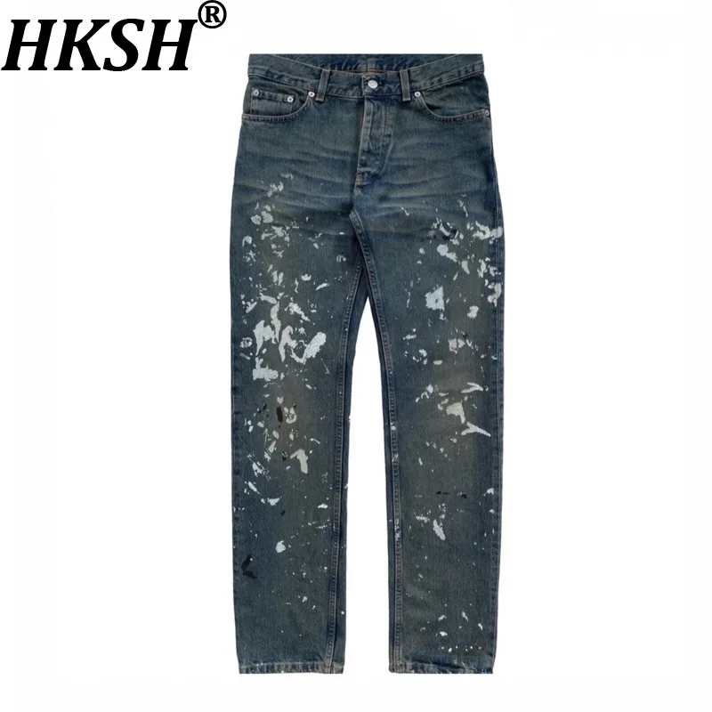 

HKSH Spring Summer New Men Tide Splash-Ink Jeans Retro Washed Women Unisex Chic Ins Vibe Fashion Streetwear Denim Pants HK22317