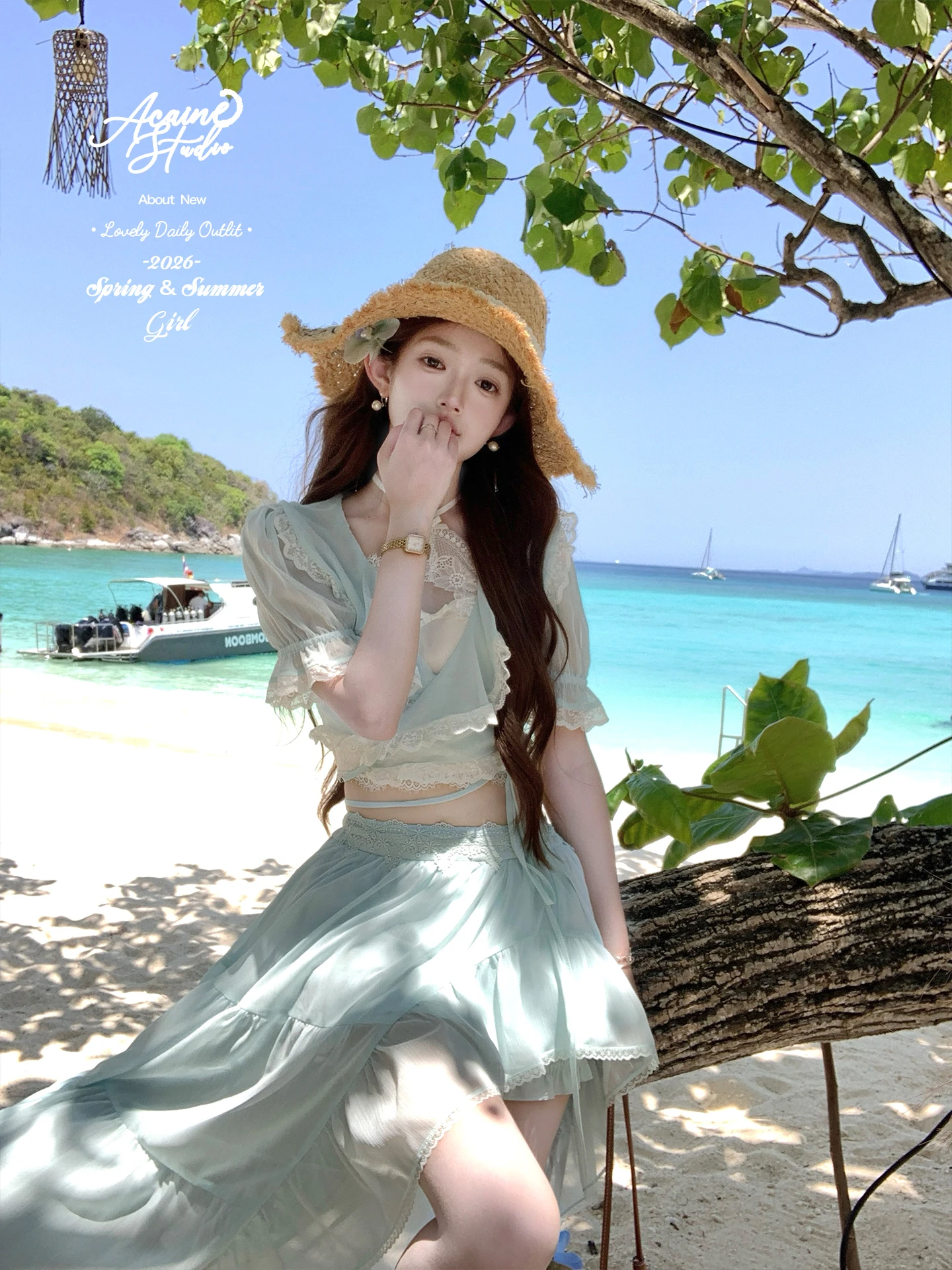 

Элегантный кружевной кардиган с короткими рукавами и декоративной застежкой на шее, плиссированная юбка с высокой талией, женский комплект из трех предметов, весна...