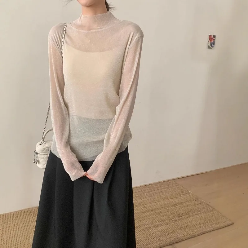Micro-transparent Simple Fine Flash Knitted Sweater New Women's Stacked Wear 2026 Slim-fitting Inner Long-sleeved Top