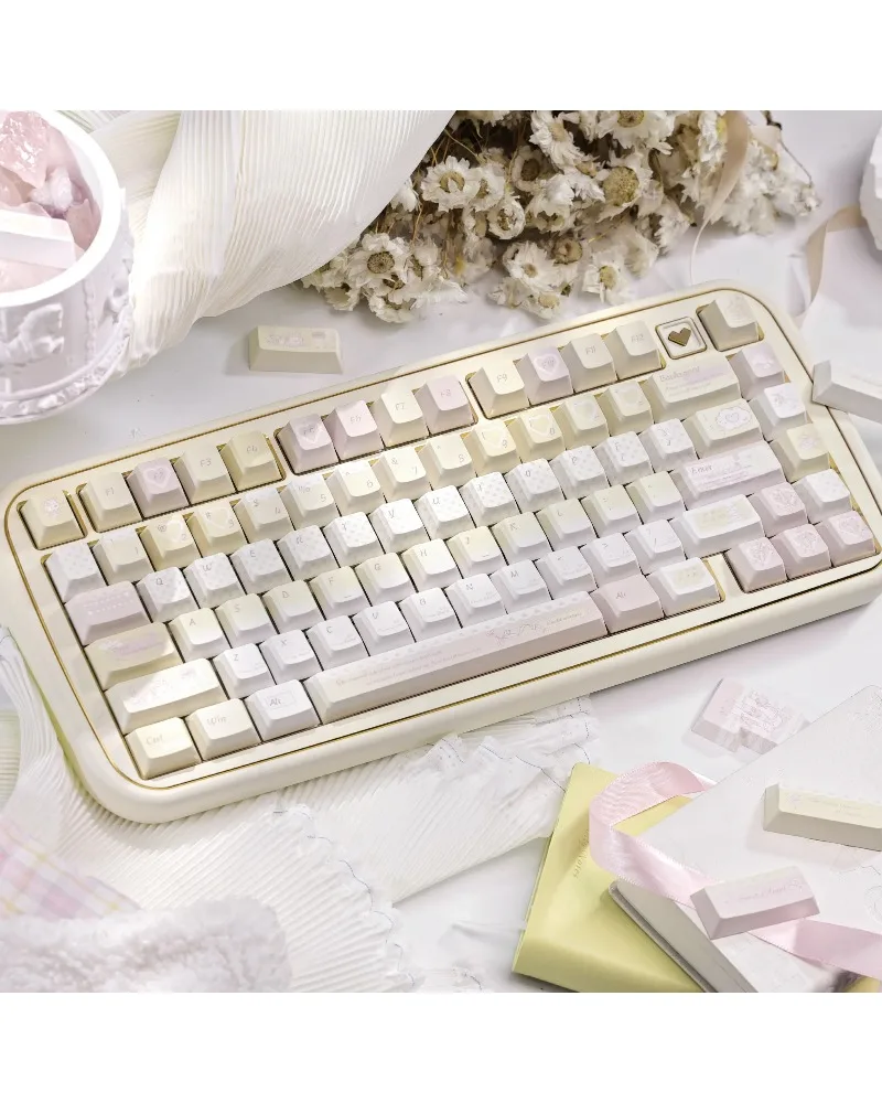 Warm beige with pink accents durable pbt keycaps set high quality for gaming mechanical keyboards