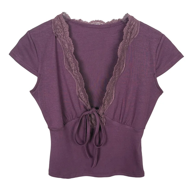 Korean Slim Sexy Hot Girl Pure Desire Style Lace Trim V-Neck Short Sleeve T-Shirt Top For Women Tees Tops D318