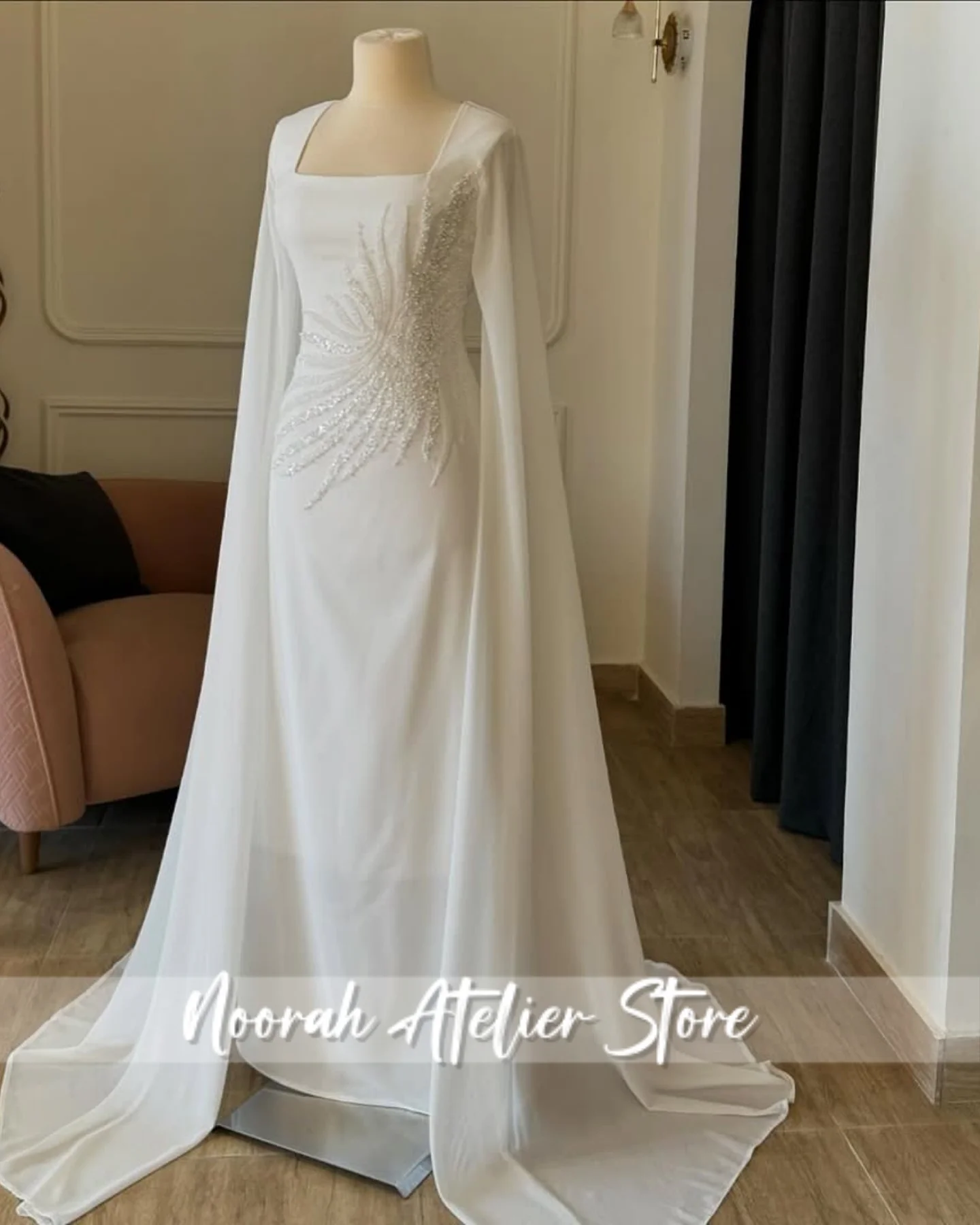 

New Elegant White Square Collar Long Sleeves Luxurious Women's Evening Dresses 2025 Dubai Peplum Long Party Gown Customized