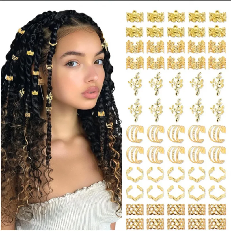 

60PCS Gold Olive Branch Hollow-out Wig Accessories Hair Ring Set for Birthday Banquets & Parties