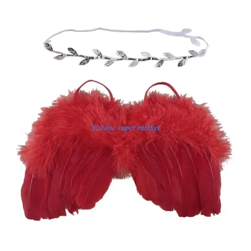090B Cosplay Angel Fairy Wings Photography Props with Leaves Headband Baby Photoshoot