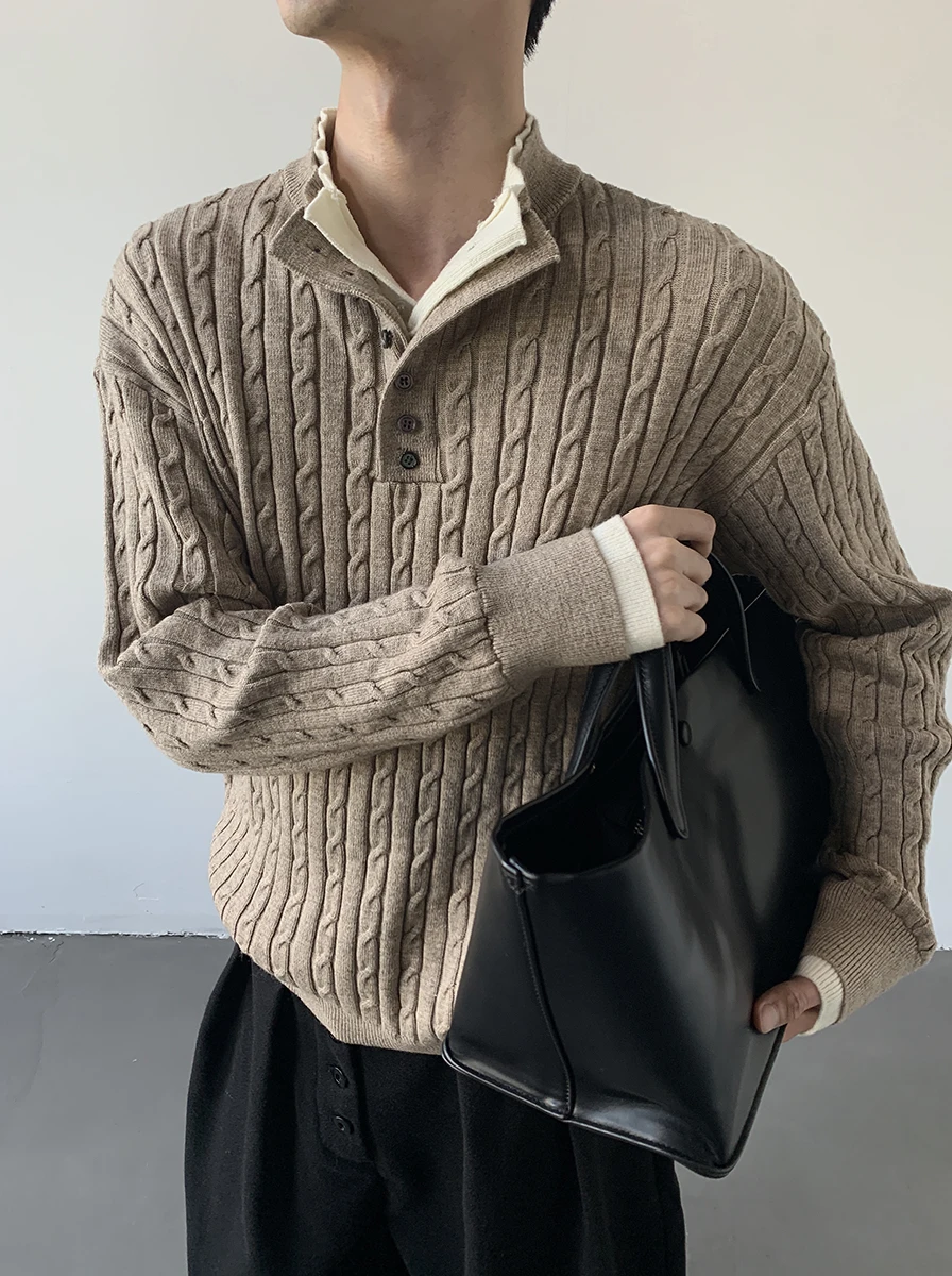 

Мужской вязаный повседневный лонгслив на осень-зиму с воротником-стойкой, узором «косы» и имитацией двухслойности, полиэстер