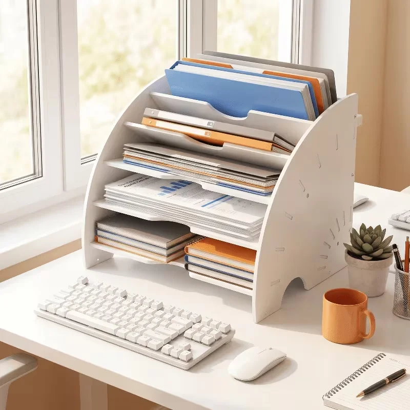5-layer vertical desktop file sorting rack, multi compartment paper file rack, office and school stationery storage rack