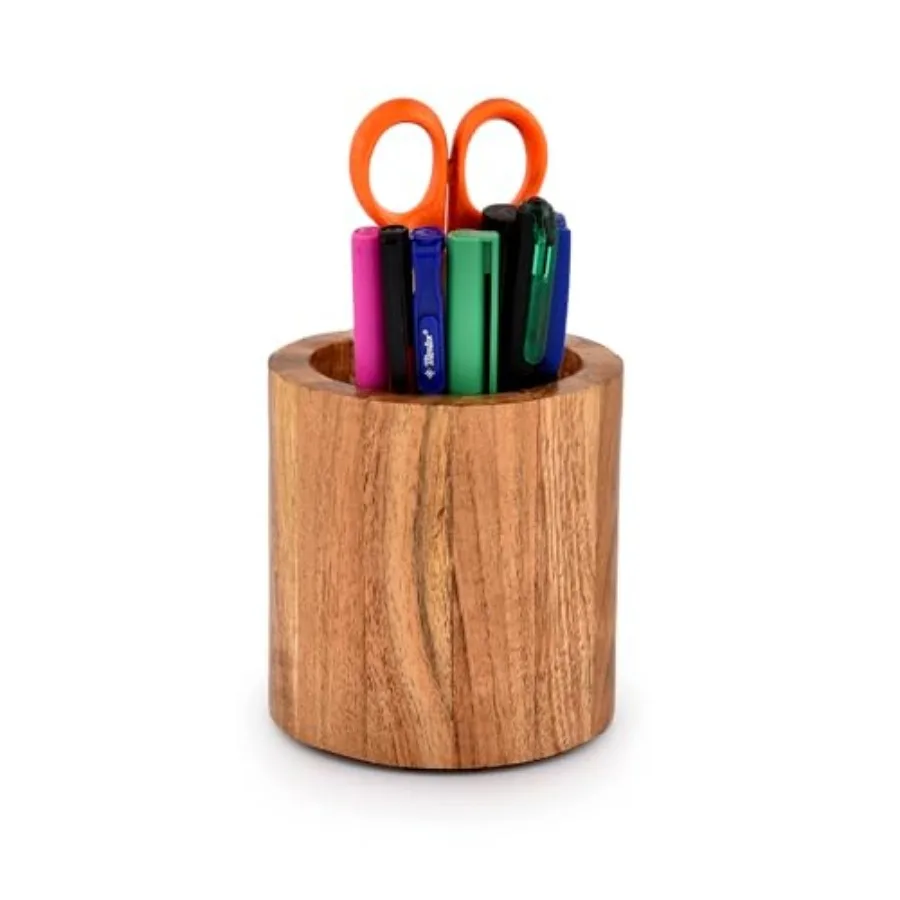 

Acacia Wood Pencil/Pen Holder for desk Round Desktop Organizer for Desk Multi Purpose Use for Home School Office Supplies 4" x