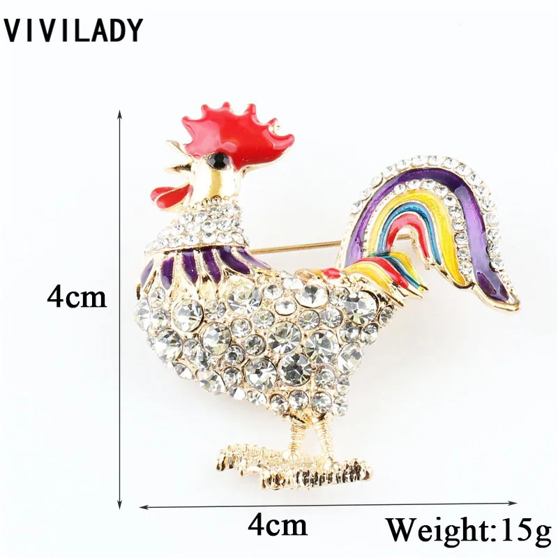 VIVILADY Trendy Rooster Breastpin Enamel Rhinestone Cock Chicken Collar Brooch Pins Women Kids Costume Bijoux Accessory OL Gifts