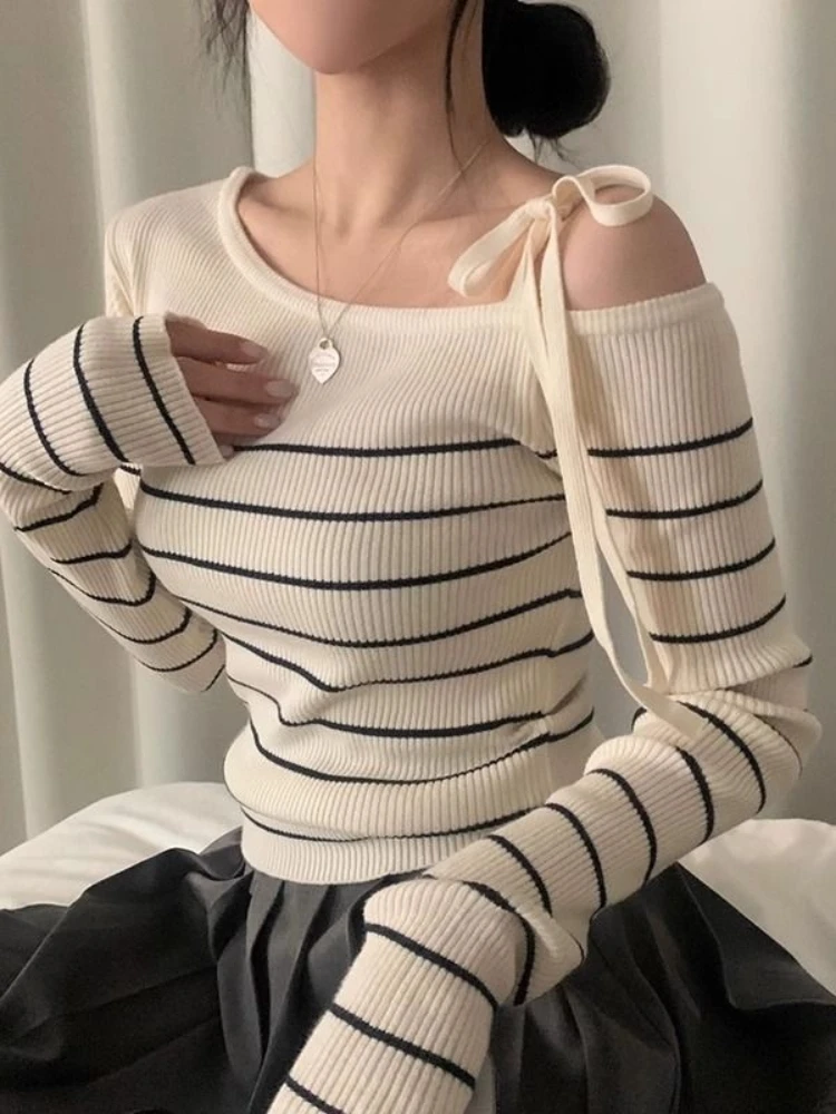 

Korean Style Stripe Off-shoulder Knit Sweater Women Spring Summer Slim Lace Up Full Sleeve Knitted Pullovers Chic Knitwears