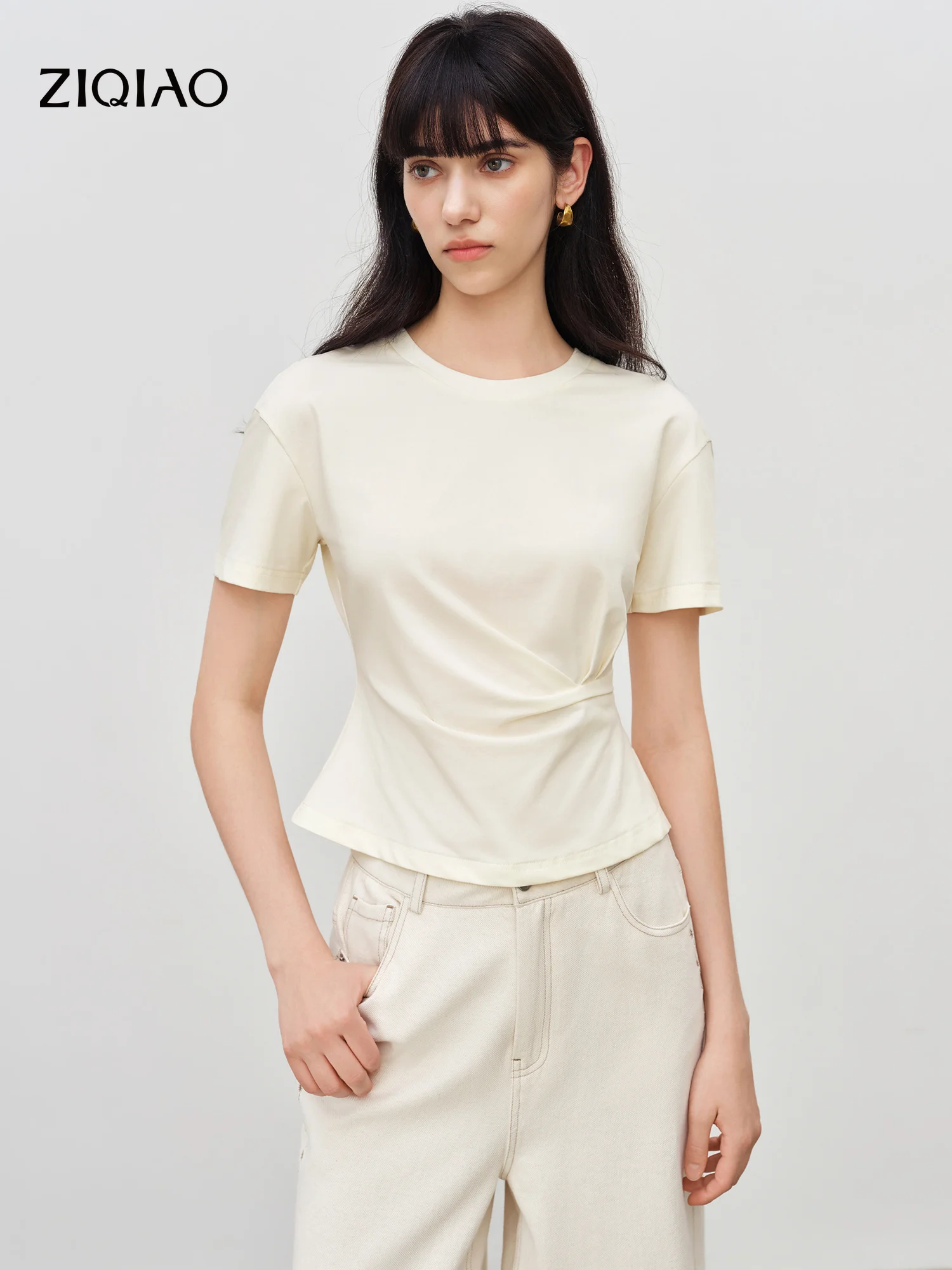 ZIQIAO Women's 2026 Summer New Arrival Cool Anti-Bacterial Pleated Waist T-Shirt Crew Neck Short Sleeve Slim Top Cotton Contain