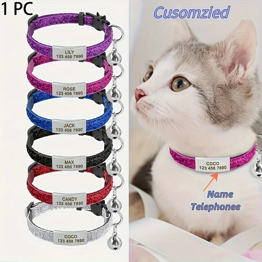Customize a personalized, soft and safe cat collar with a bell, custom engraved pet name, phone number, cat ID tag