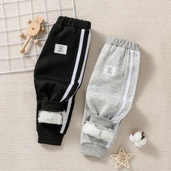 2Pcs Autumn and Winter Baby Boys Casual Sports Plus Fleece Solid Color Pants Warm Comfortable Fashion Trouser Daily Wear