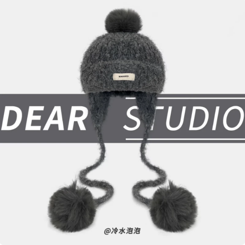 

New Korean Version Ins Pullover Knitted Pilot Caps Women's Winter Outdoor Warmth Thickened Ear Protection Lace-up Bomber Hats