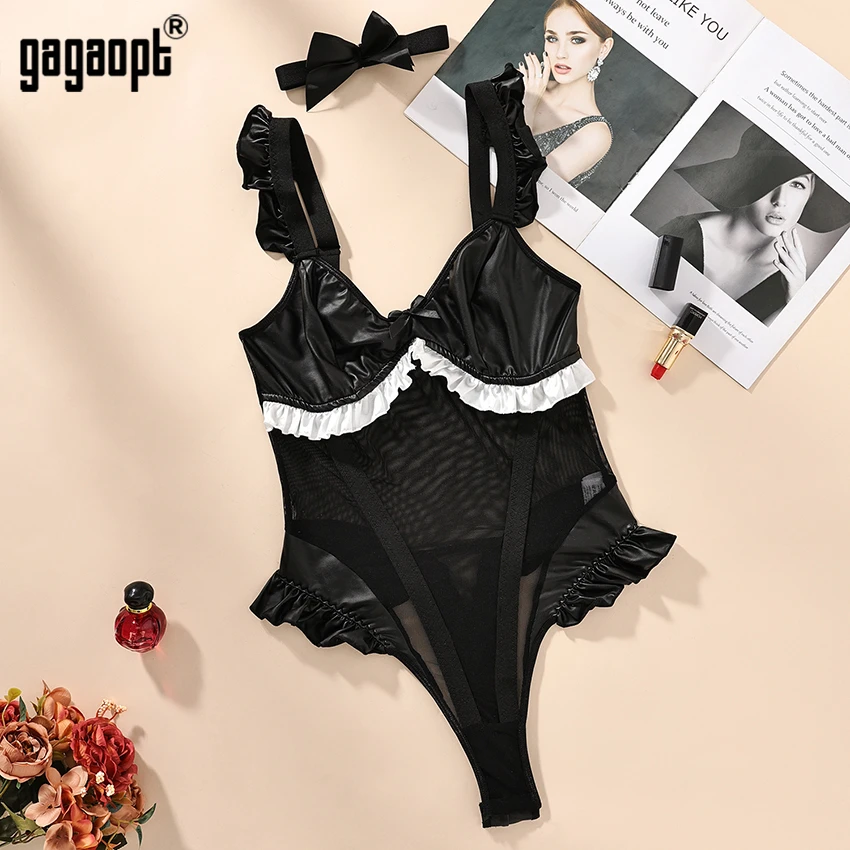 Gagaopt-body fetiche de látex con Collar, lencería de cuero negro de una pieza, Bodys Sexy, disfraces eróticos Sissy de Pvc, Top ajustado