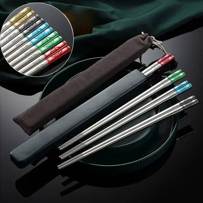 316L Stainless Steel Chinese Metal Chopsticks Household High Temperature Sterilizable Non-slip Chopsticks Kitchen Accessories