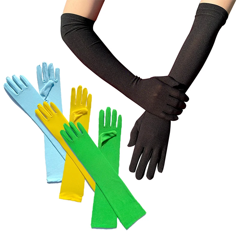 Guantes largos elásticos Retro para mujer, guantes clásicos para adultos, negro, blanco, rojo, codo, dedo de satén elástico, disfraz de fiesta de