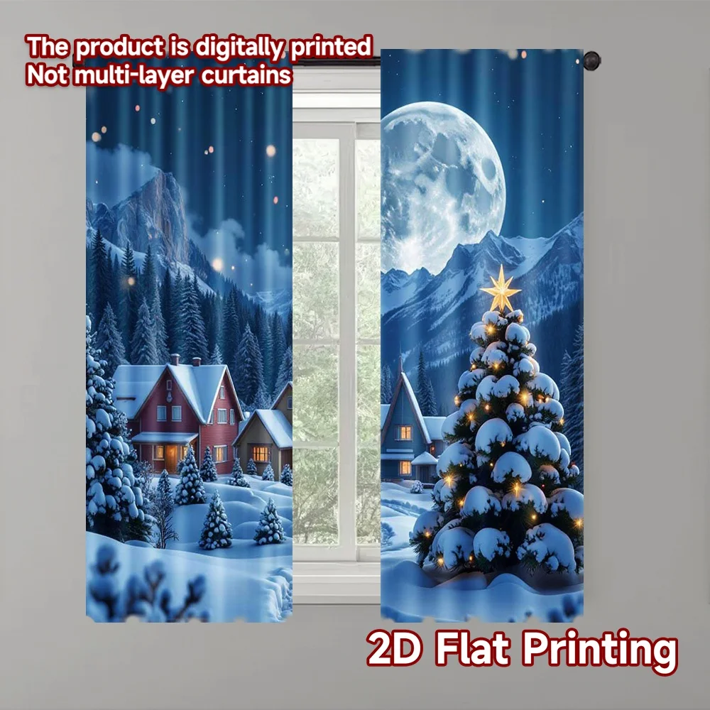 

2 шт., 2D рождественские шторы с плоским принтом, классическая ткань, Рождественская деревня, прочный полиэстер без электричества, для дня рождения, вечеринки