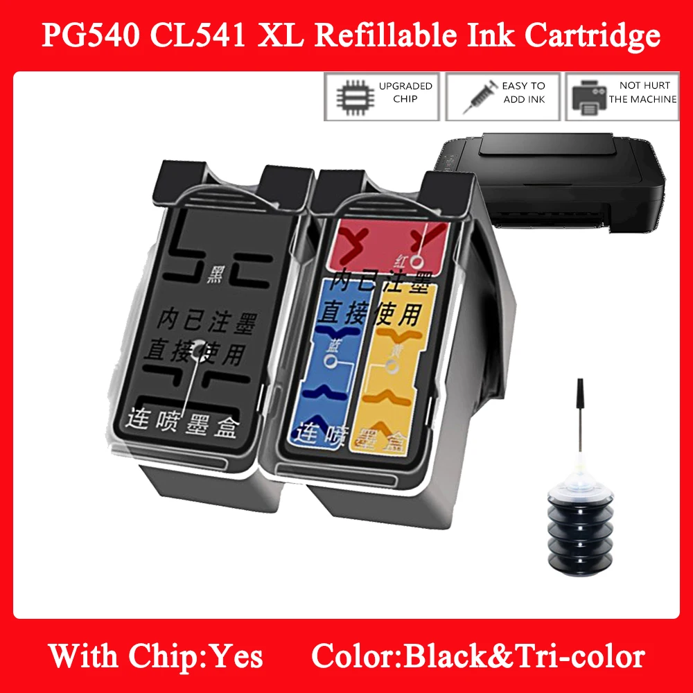 Refillable PG‑540 CL‑541 Ink Cartridge Black Color Set For Canon Pixma MG2150 MG2250 MG3150 MG3250 MG4250 MX375 Inkjet Printer
