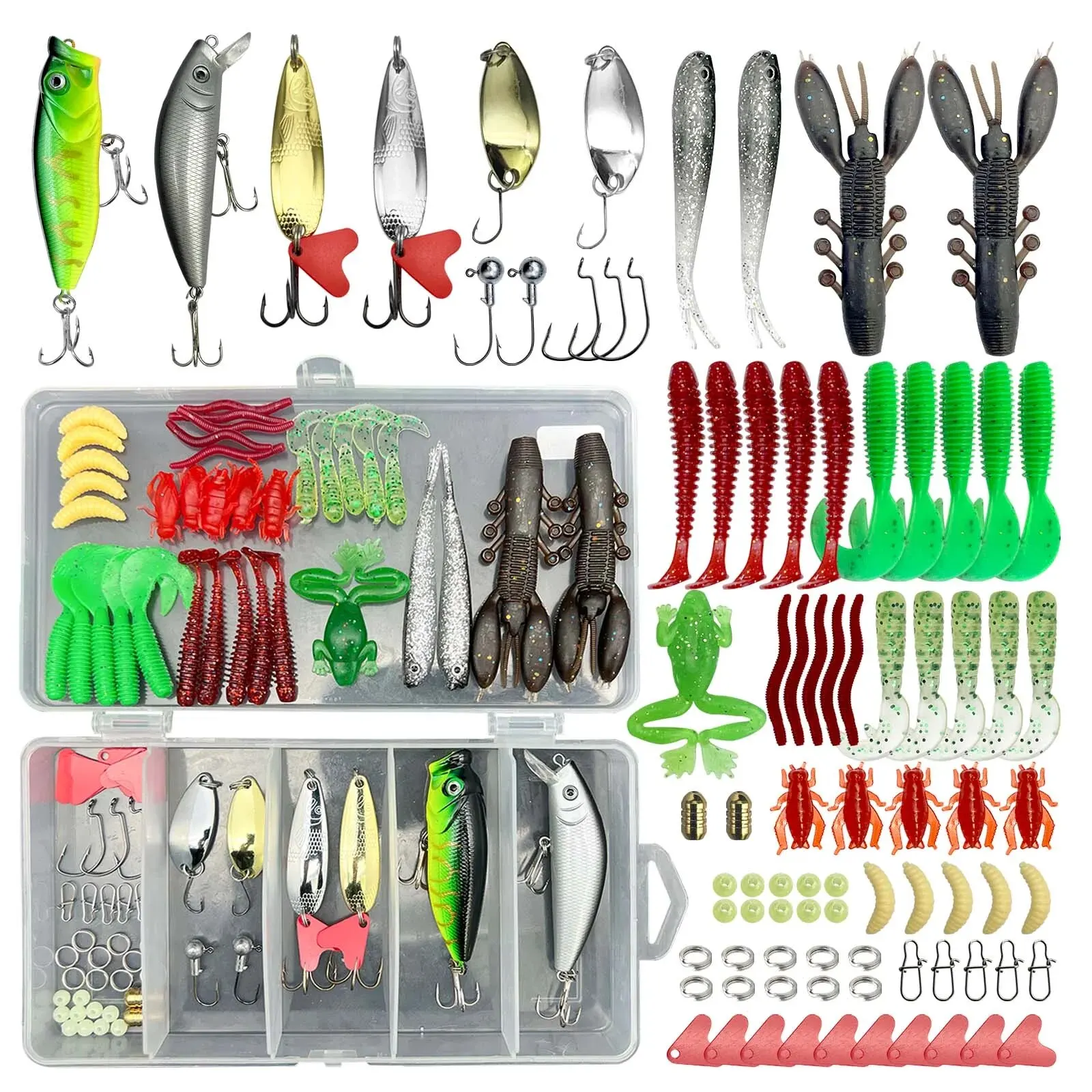 84/107pcs Fishing Lure Kit Soft and Hard Bait Set Gear Layer Metal Jig Spoon For Bass Pike Crank Tackle Accessories with Box