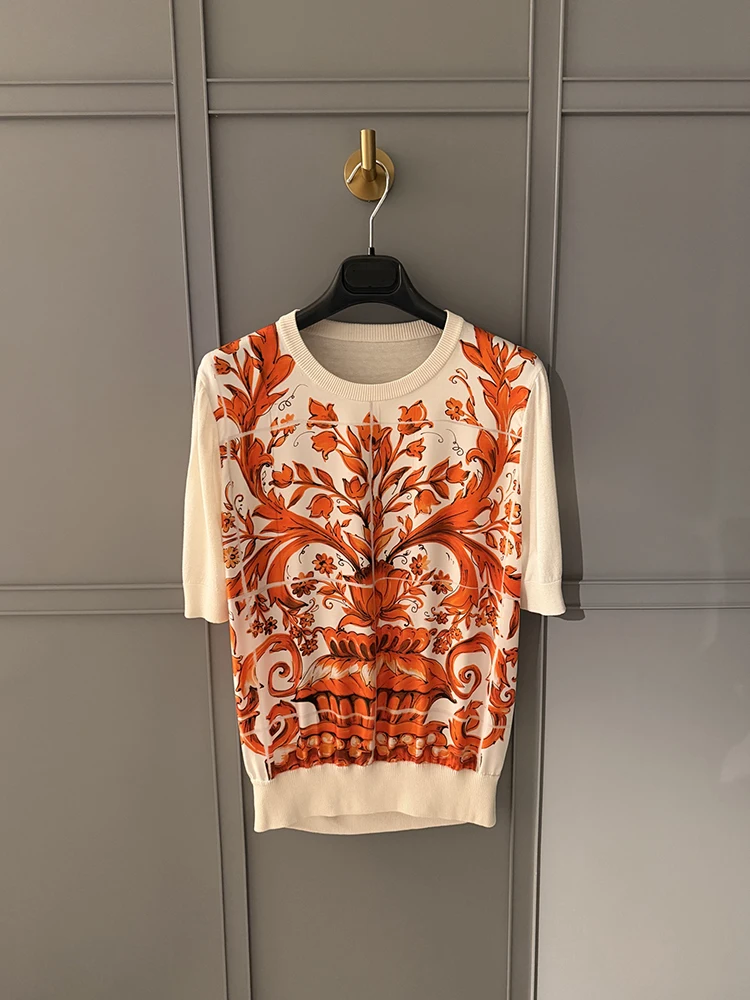 Spring Summer Fashion Vintage Geometric Print Knitting Pullovers Women's O-Neck Thin Style Long Sleeve Elastic Waist Tops
