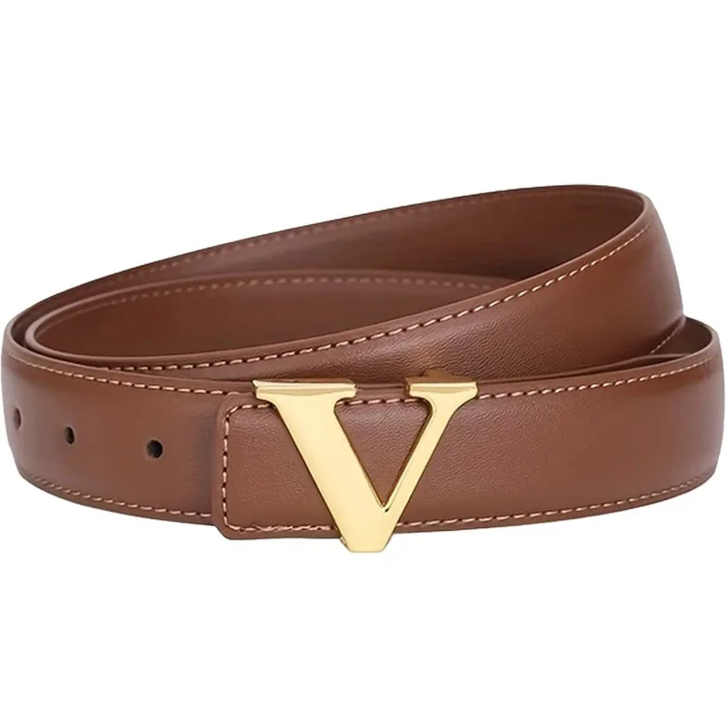 حزام نسائي عصري من الجلد بإبزيم ناعم حزام النسخة الكورية حزام جلد على شكل حرف V حزام نسائي فاخر