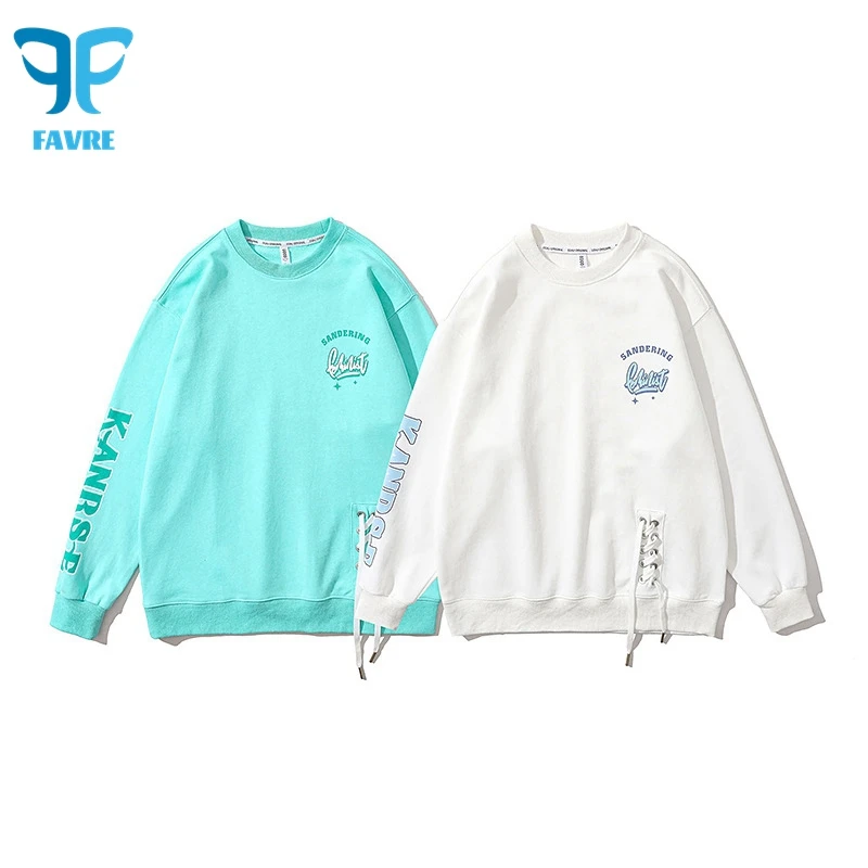 FAVRE Letter Print Sweatshirts Mens Roundneck Design Lace-up Pullovers Women Spring Autumn Ins Casual Korean Version Couple Tops