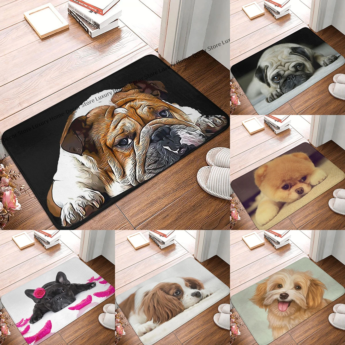 French Bulldog Non-slip Doormat English British Bath Kitchen Mat Prayer Carpet Flannel Pattern Decor