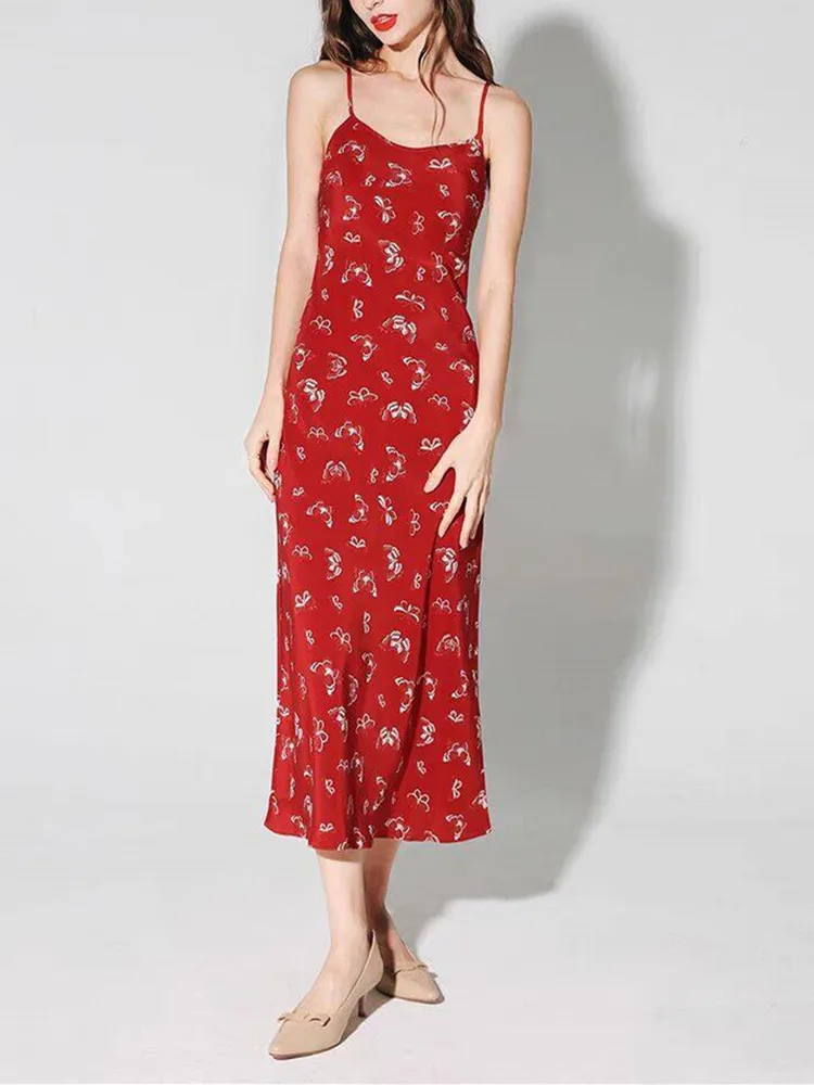 

Bow Shaped Floral Print Women Red Sling Dress Summer New 2024 Sleeveless A-Line Silk Simple Midi Robe for Ladies