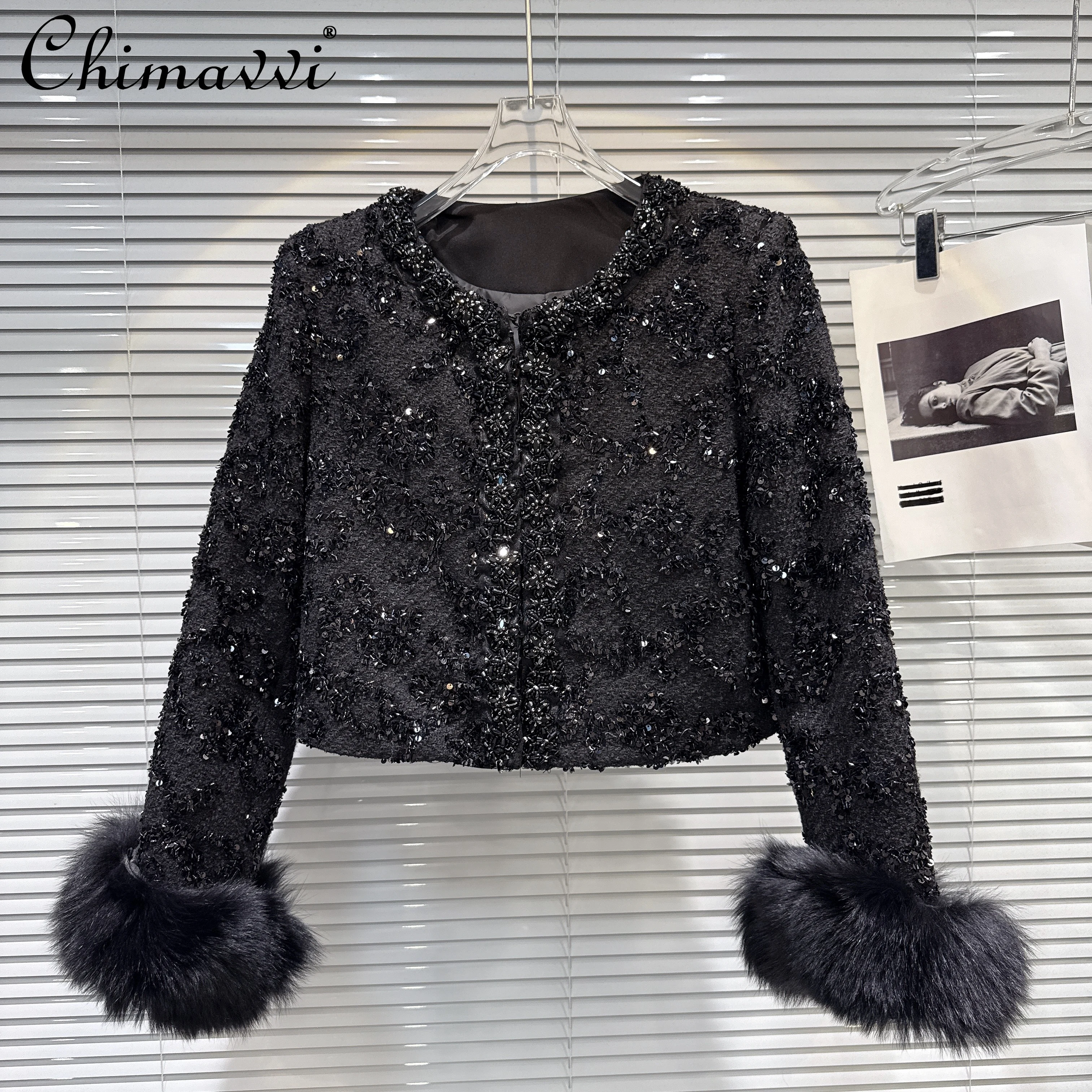 

French Elegant Socialite Beaded Round Neck Faux Fox Fur Long Sleeve Singe-breasted Straight Short Down Coat Women Winter Jackets
