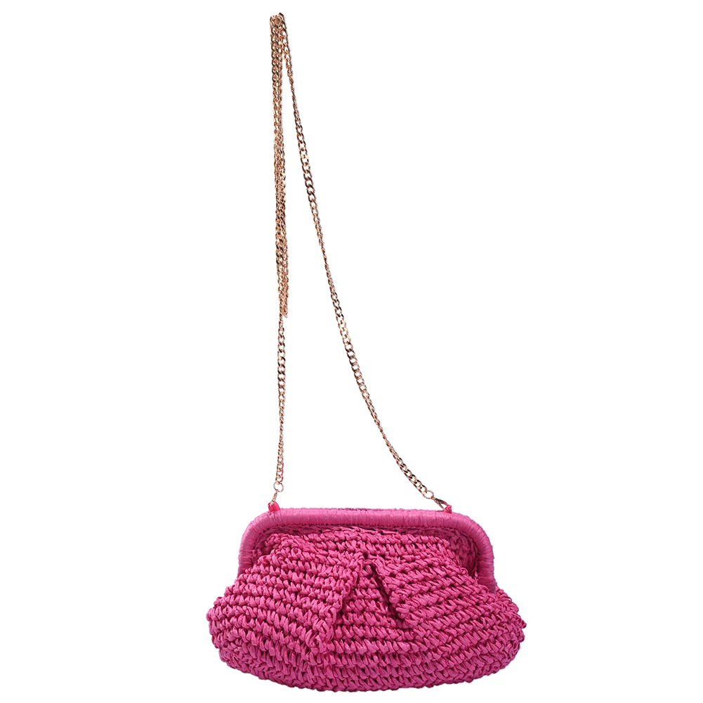 Women Straw Crossbody Bag Large Capacity Straw Clutch Purse Solid Color Weaving Shoulder Bag Chain Strap for Summer Vacation