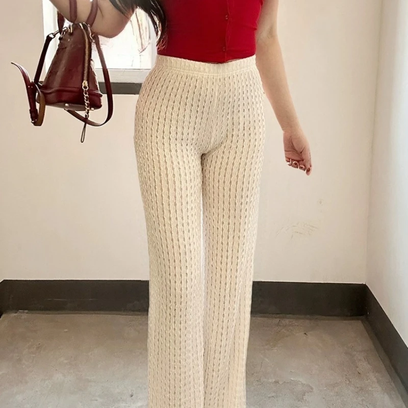 Hollow Out Sexy Open Crotch Woman's Knitting Leggings Fashion See Through Pleated Beige Trousers Crotchless Wide Leg Clubwear