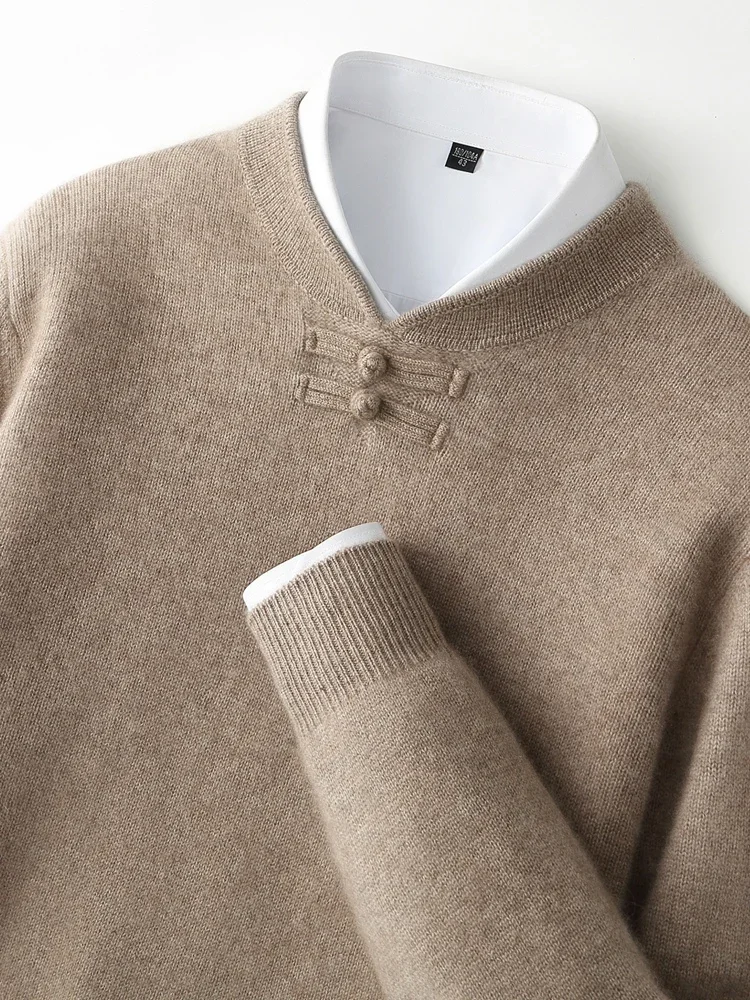

New Men 100% Merino Wool Sweater Long Sleeves Stand-up Collar Pullover Cashmere Soft Disk Buckle Clothing Warm Leisure Men's Top
