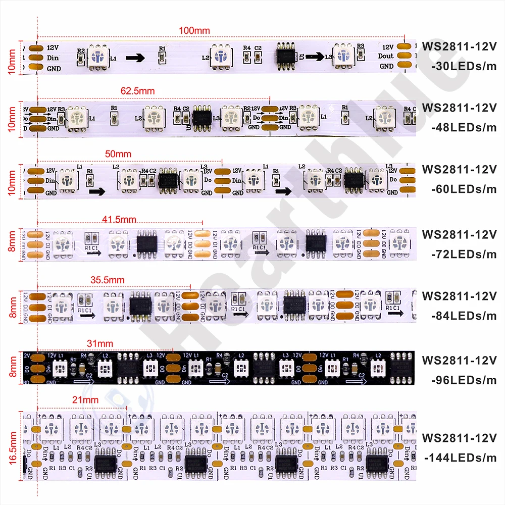 WS2811 Magic Color RGB LED Strip SMD5050,DC12V. Addressable, 30/48/60/84/96 LEDs. External: 1 control IC controls 3 lighting LED