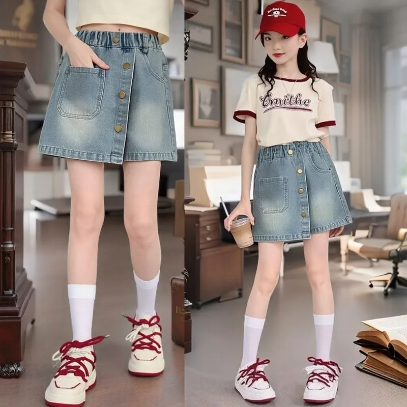 

Elegant Summer Kids Denim y2k Mini Skirt with Shorts for Teens Girl Fashion Protective Shorts Under Skirt with Buttons Child