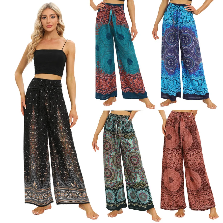 2024 Women Boho Yoga Pants Rayon Vintage Floral Printed Wide Leg Long Trousers Elastic High Waist Female Outside Home Clothes