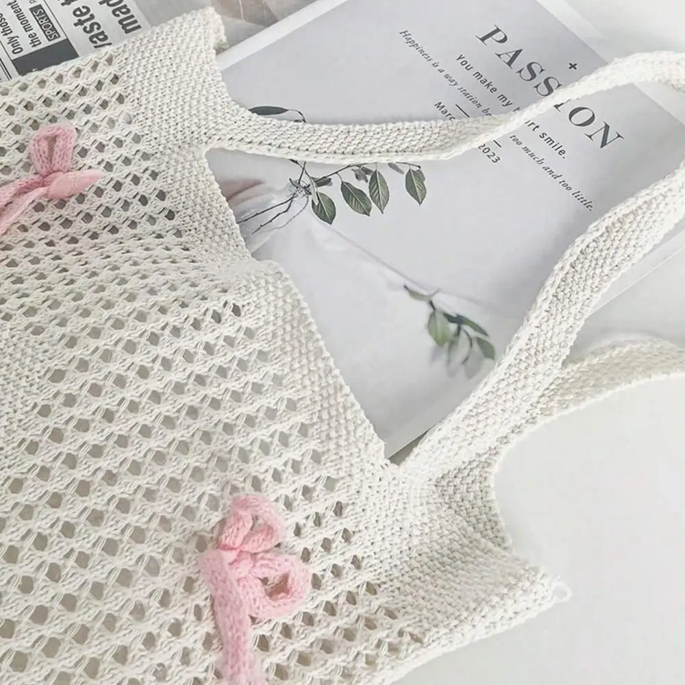 جديد Bowknot الكروشيه حمل حقيبة الصيف الشاطئ شبكة كبيرة محبوك حقيبة حقائب اليد متماسكة للنساء #3