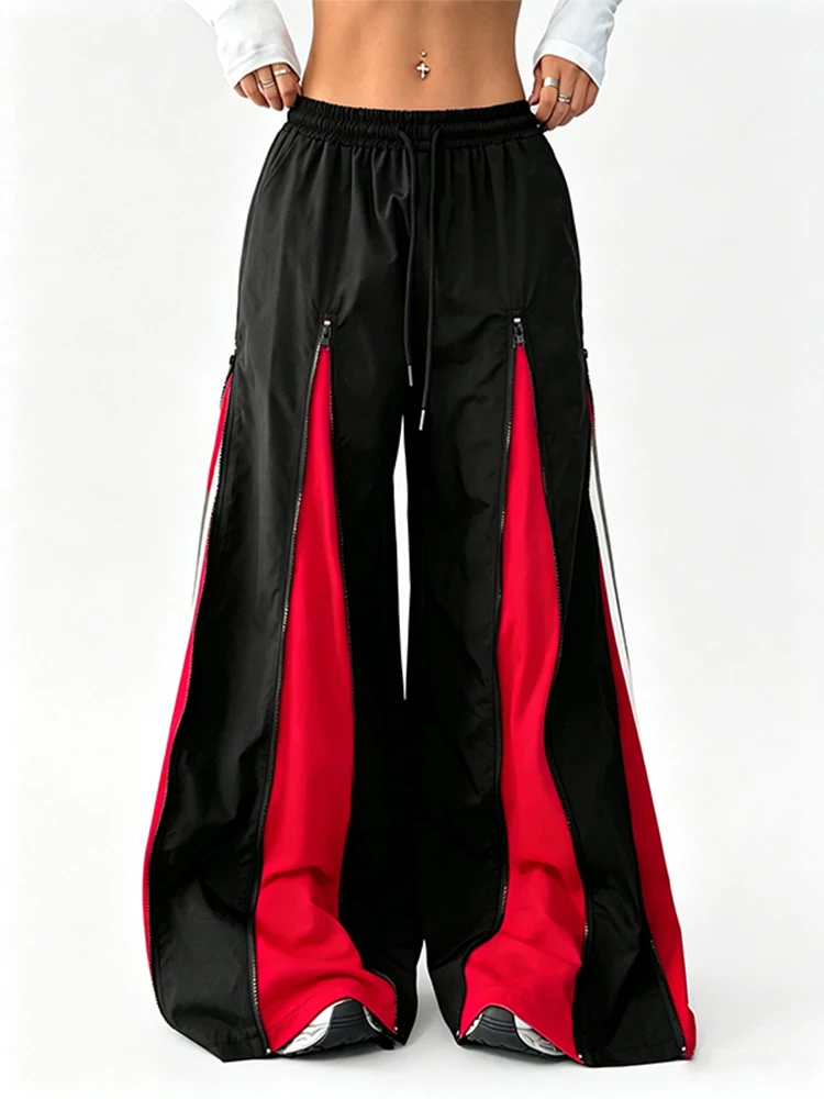High-Waisted Black And Red Wide Leg Pants with Double Zippers And Split Stripes Unique Minimalist Neutral Trousers
