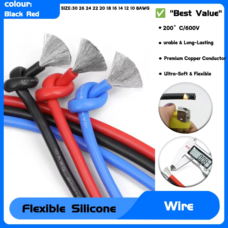 

Heat-Resistant Silicone Wire Automotive Wiring Car Battery Copper Cable 1~50m 30 26 24 22 20 18 16 14 12 10 8AWG Red Black